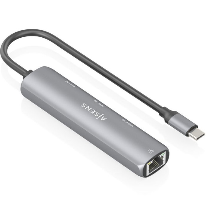 Aisens Dock USB-C a Ethernet Gigabit + Hub 1xUSB-C y 2xUSB-A, Gris